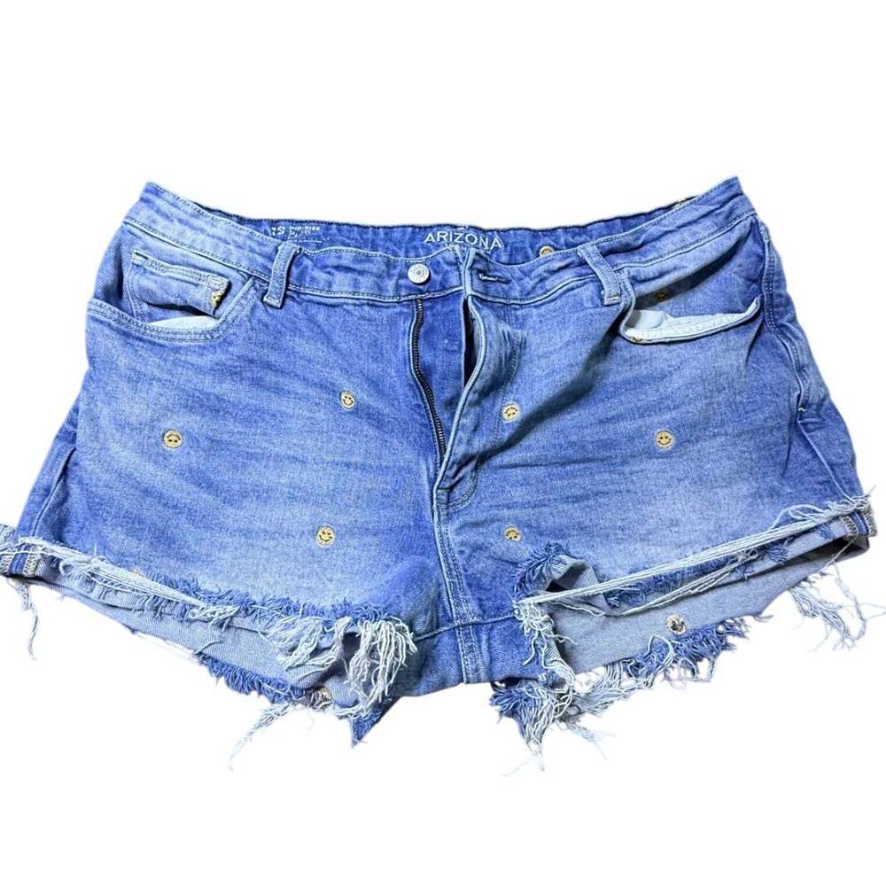 Arizona Jean Co Smiley Face Embroidered Denim Cut Off Shorts Blue Womens Size 19